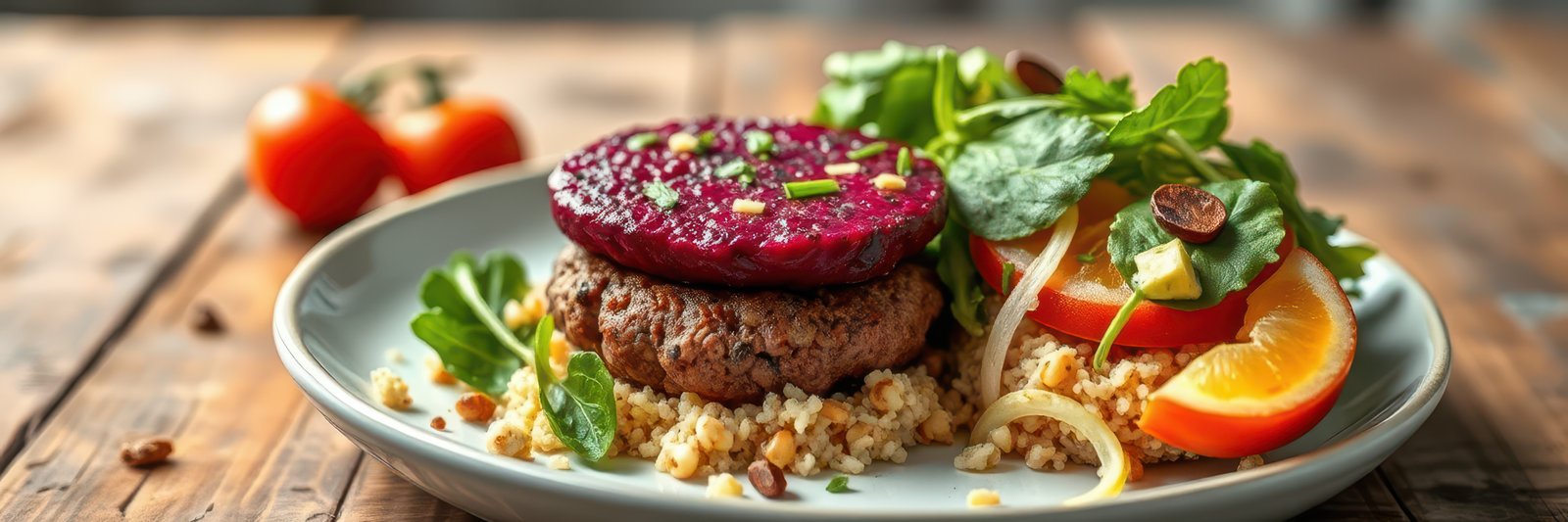 Gourmet burger served with fresh salad and couscous on rustic wooden table in bright natural light